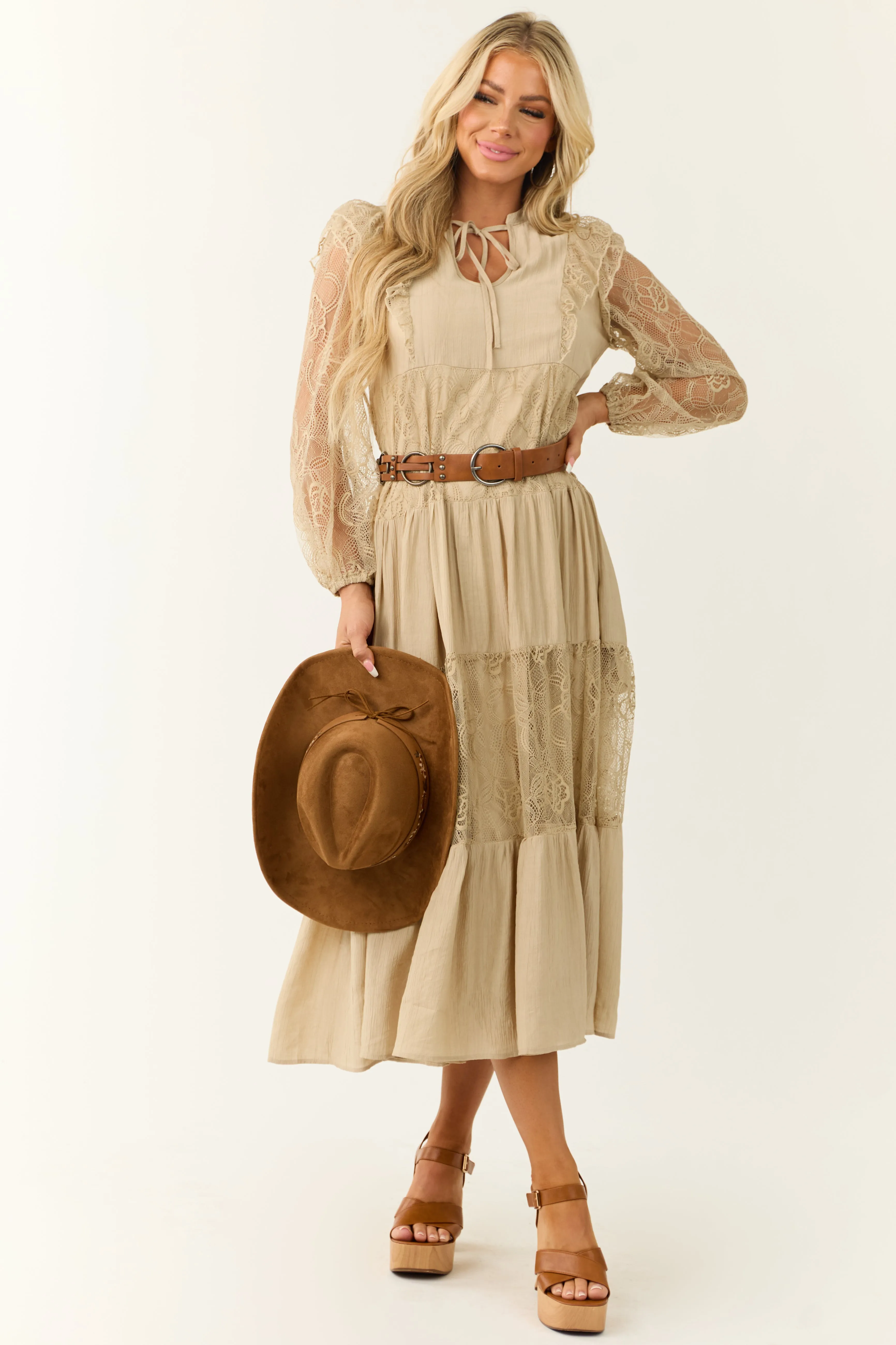 Beige Front Tie Tiered Lace Maxi Dress