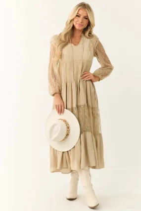 Beige Front Tie Tiered Lace Maxi Dress