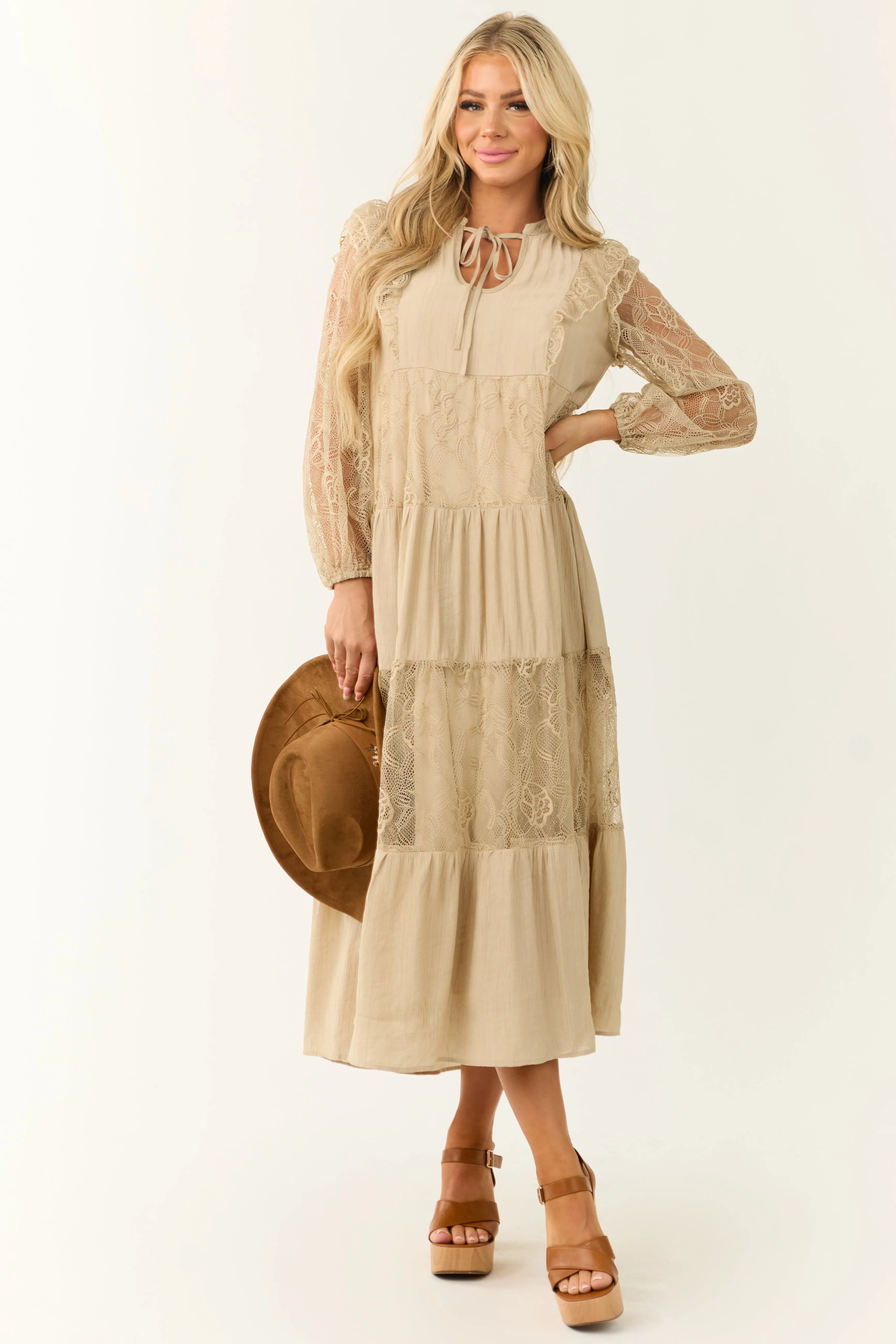 Beige Front Tie Tiered Lace Maxi Dress