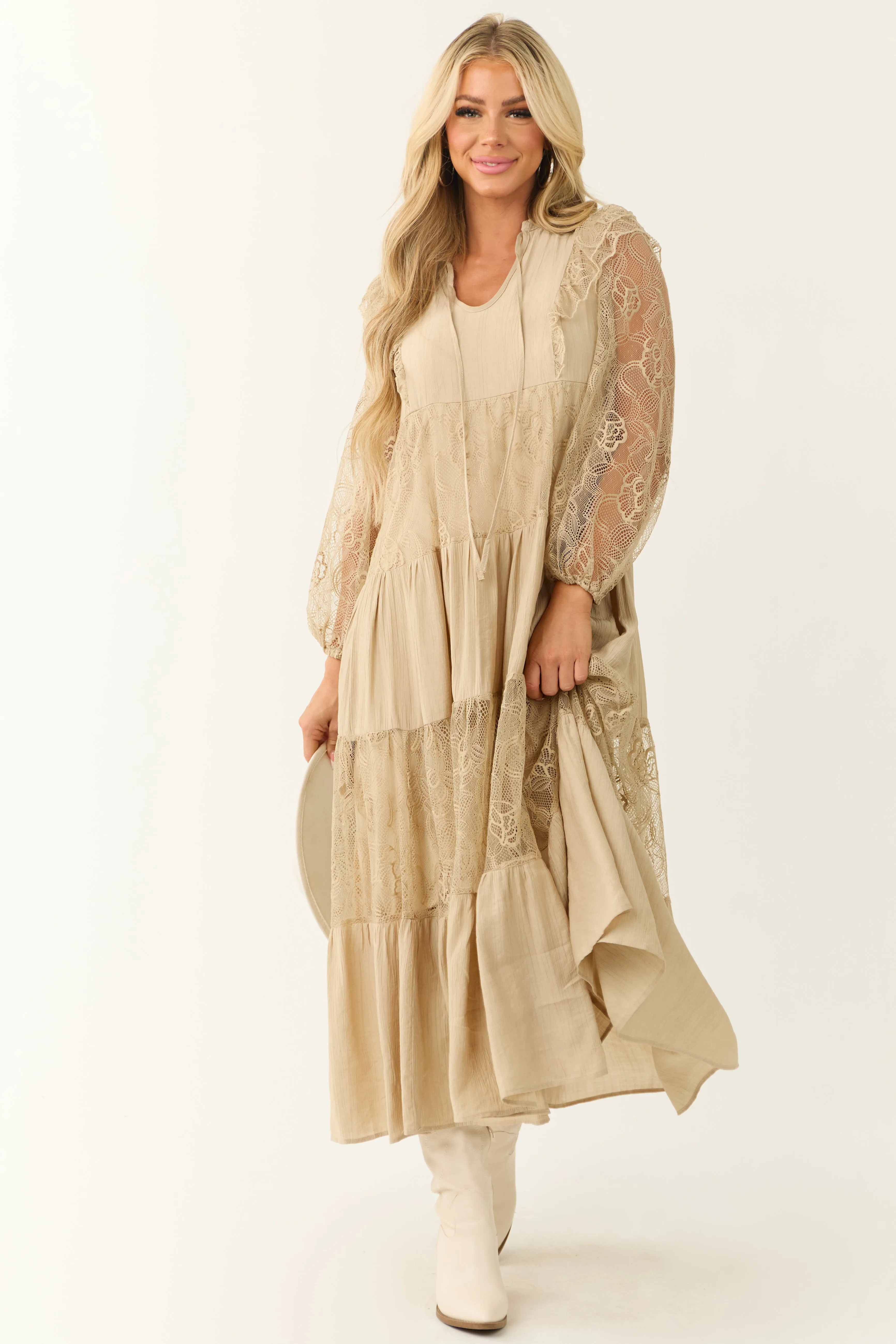 Beige Front Tie Tiered Lace Maxi Dress