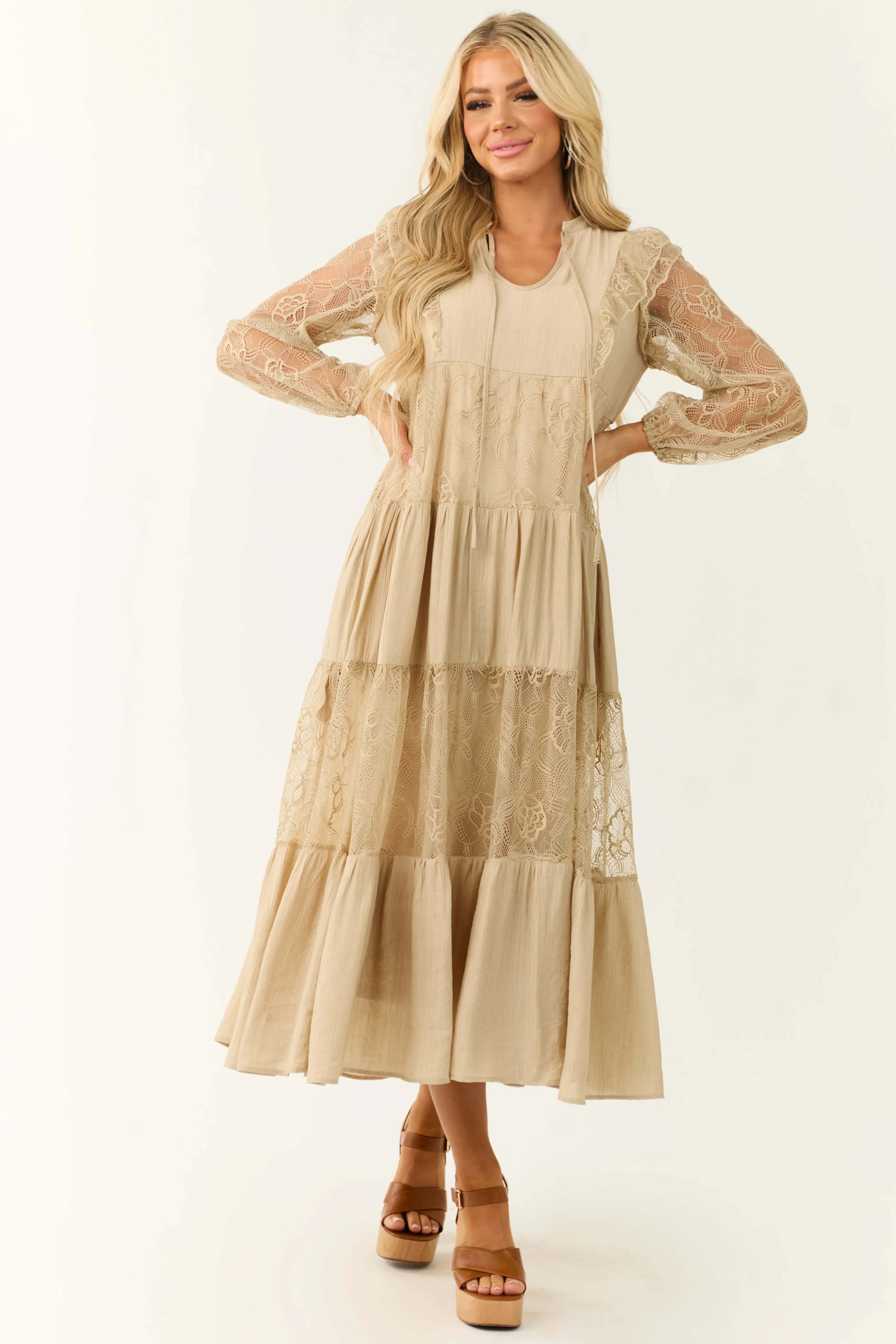 Beige Front Tie Tiered Lace Maxi Dress