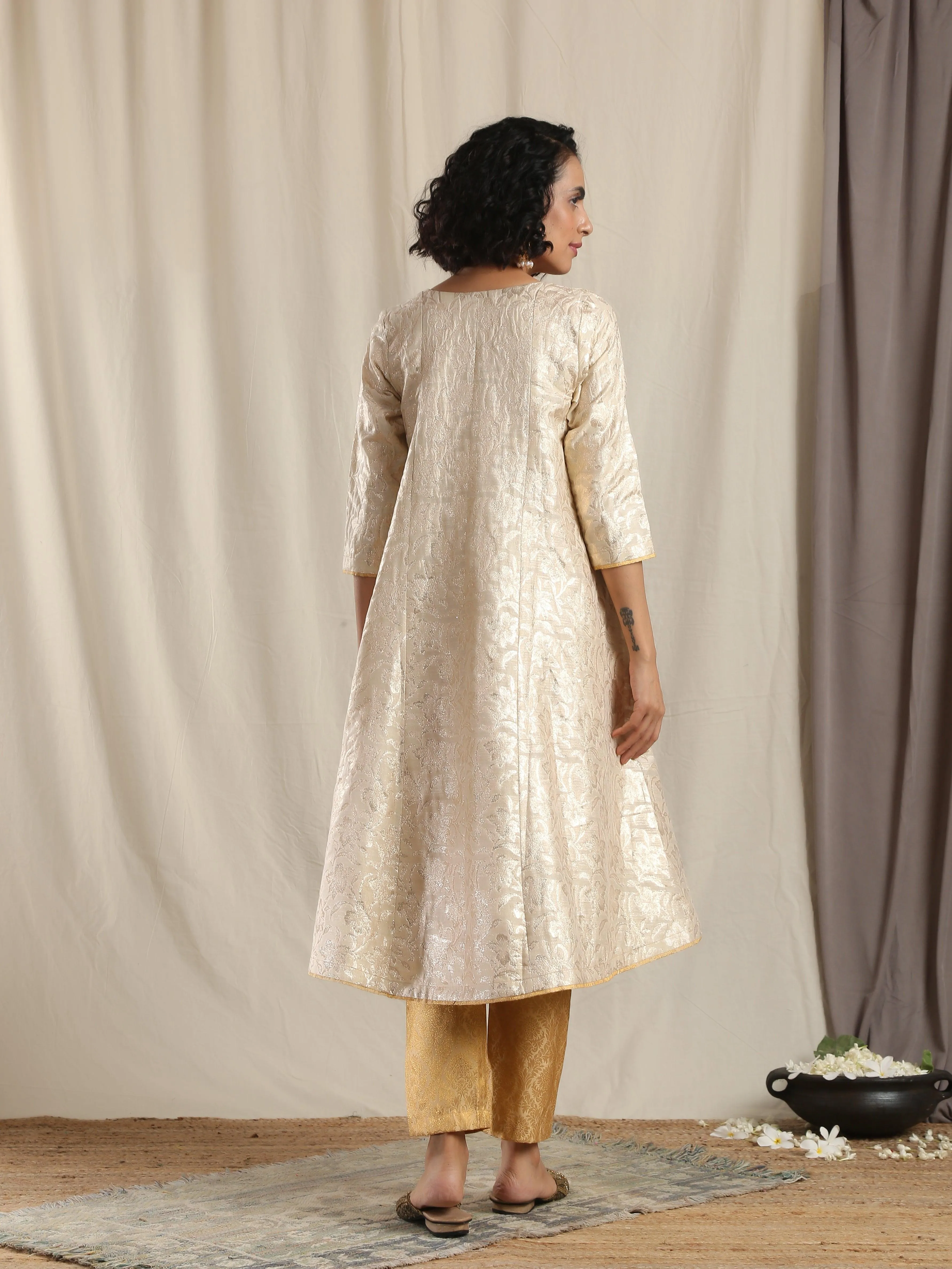 Beige Gold Modal Silk Flared Kurta Pant Set