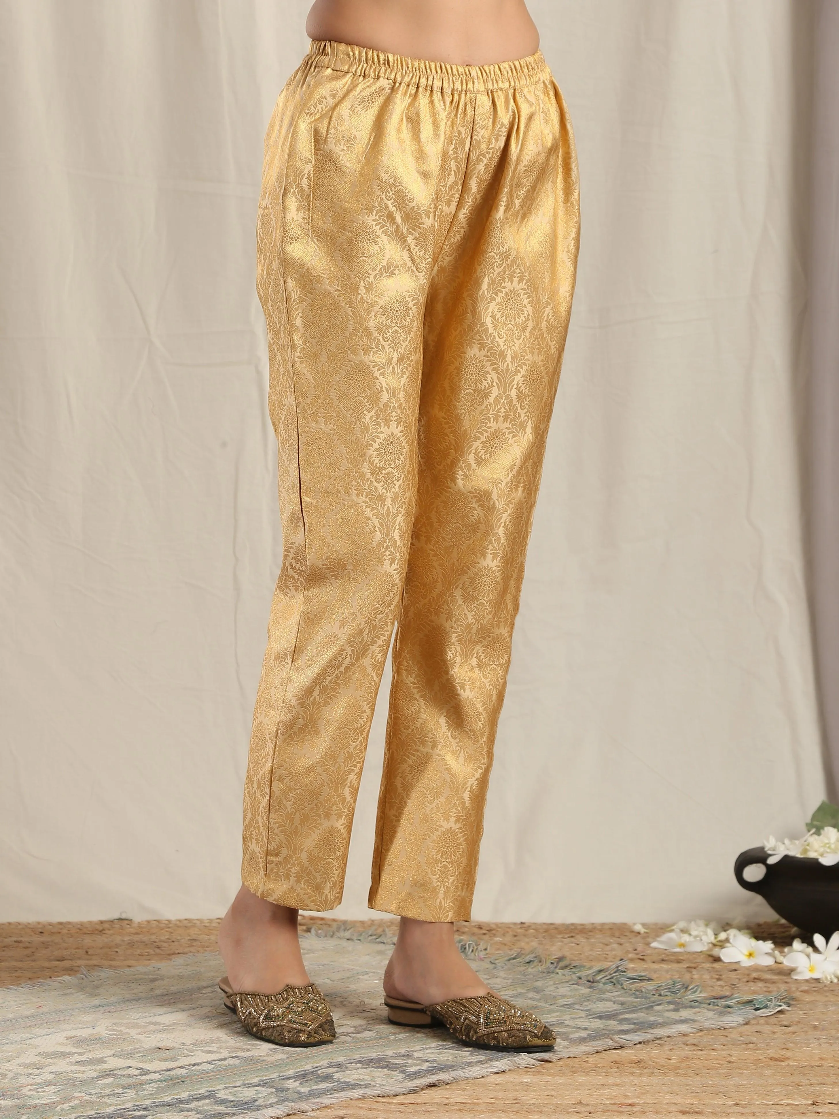 Beige Gold Modal Silk Flared Kurta Pant Set