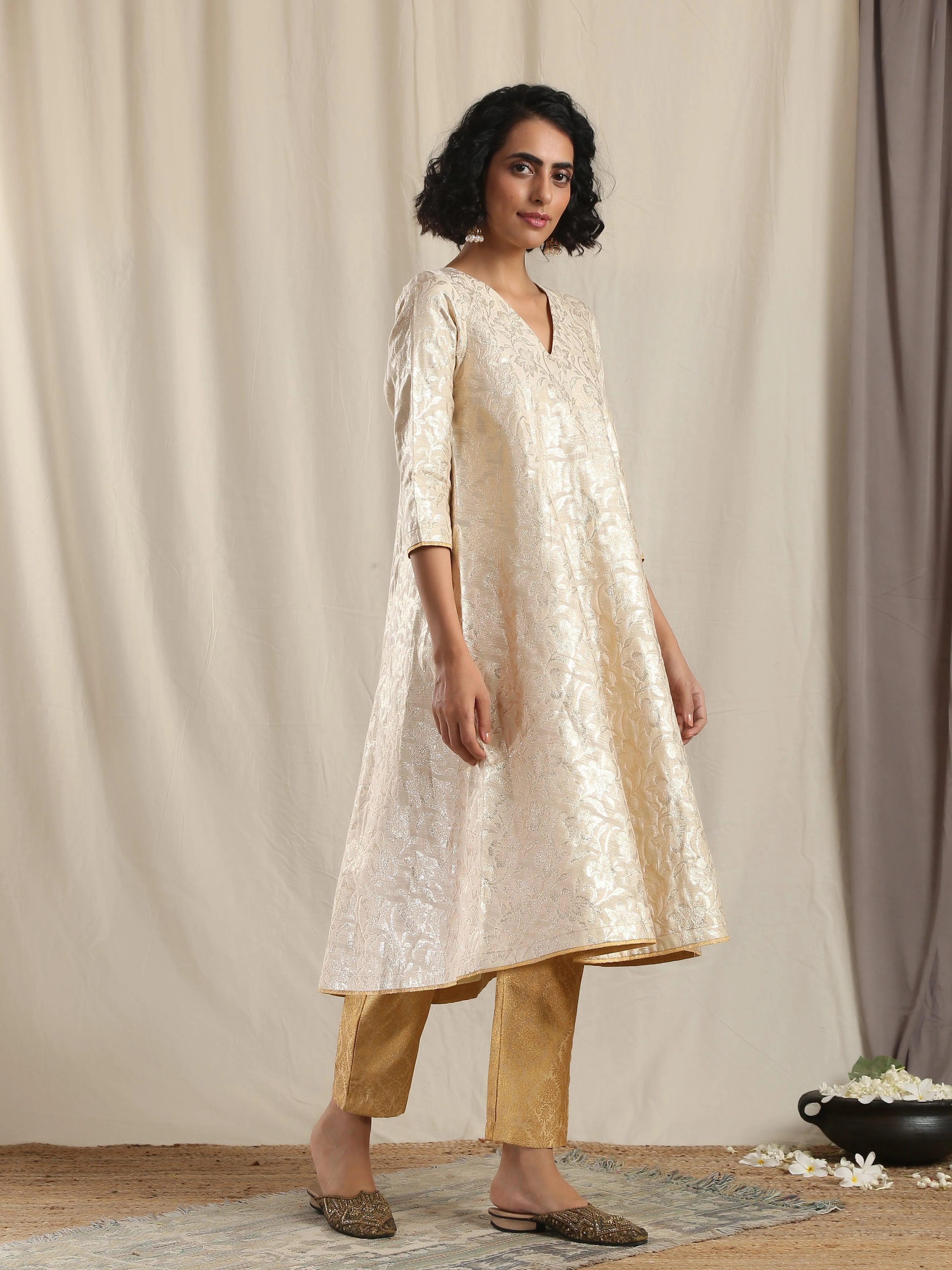 Beige Gold Modal Silk Flared Kurta Pant Set