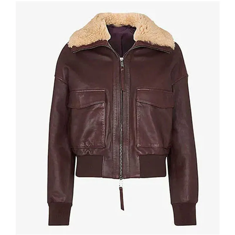 Best Style Burgundy Aviator Shearling Collar Jacket