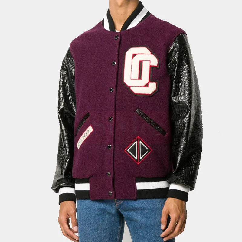 Best Style Genuine Varsity Patch  Embellished Leather Bomber Jacket