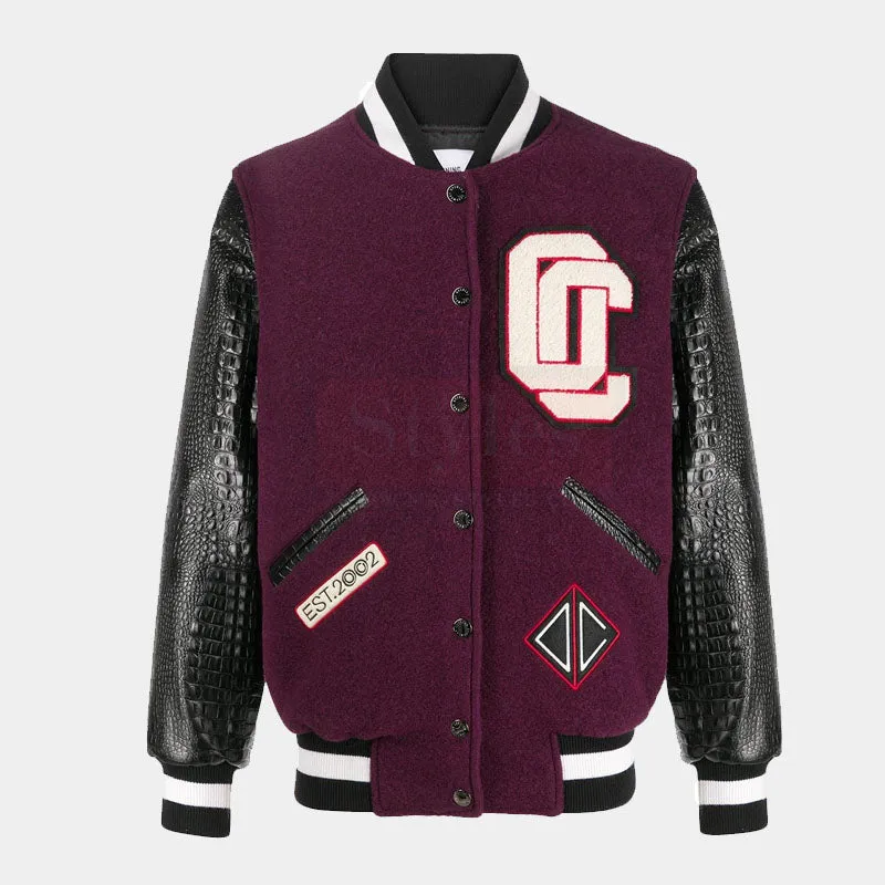 Best Style Genuine Varsity Patch  Embellished Leather Bomber Jacket