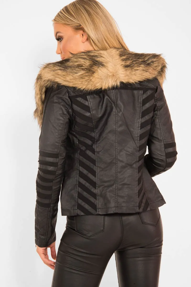 Black Biker Faux Fur Collar Jacket - Kaydi