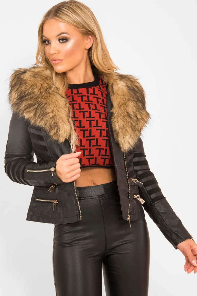 Black Biker Faux Fur Collar Jacket - Kaydi