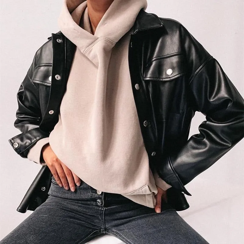 Black Faux Leather Streetwear Covered Button Turn Down Collar Ladies Jacket