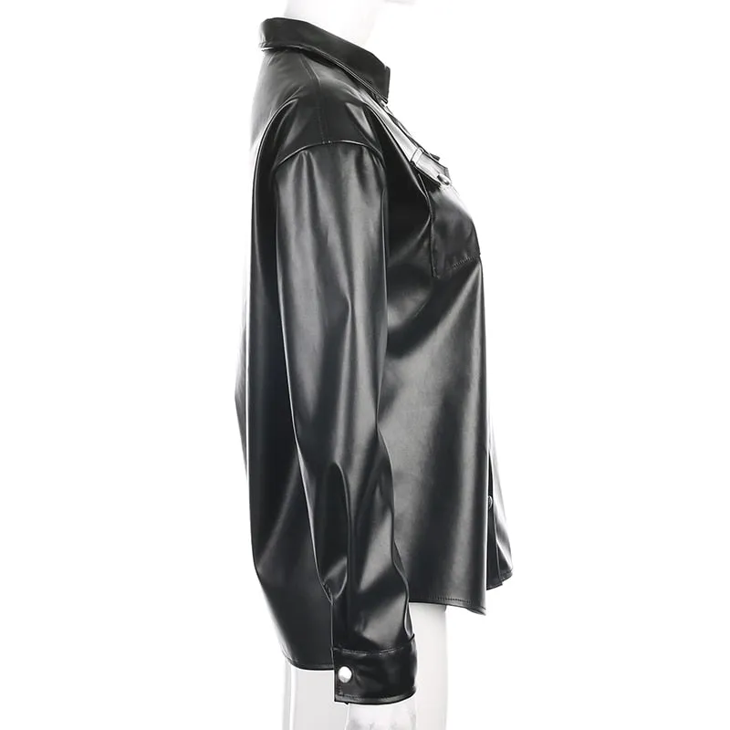 Black Faux Leather Streetwear Covered Button Turn Down Collar Ladies Jacket