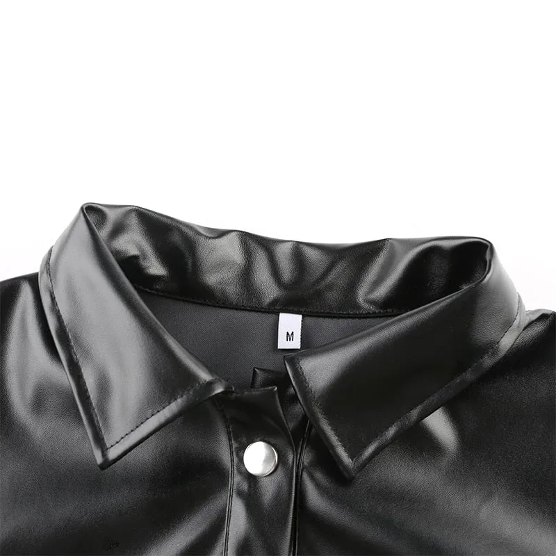 Black Faux Leather Streetwear Covered Button Turn Down Collar Ladies Jacket