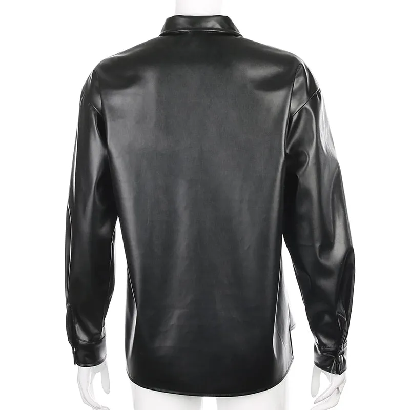 Black Faux Leather Streetwear Covered Button Turn Down Collar Ladies Jacket