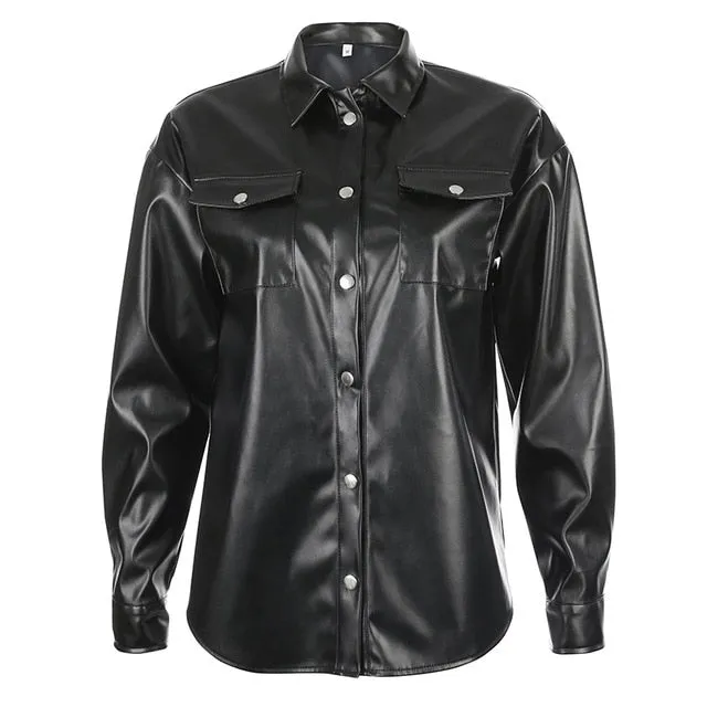 Black Faux Leather Streetwear Covered Button Turn Down Collar Ladies Jacket