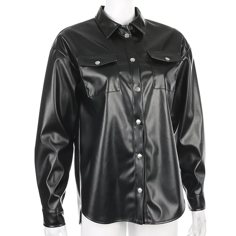 Black Faux Leather Streetwear Covered Button Turn Down Collar Ladies Jacket