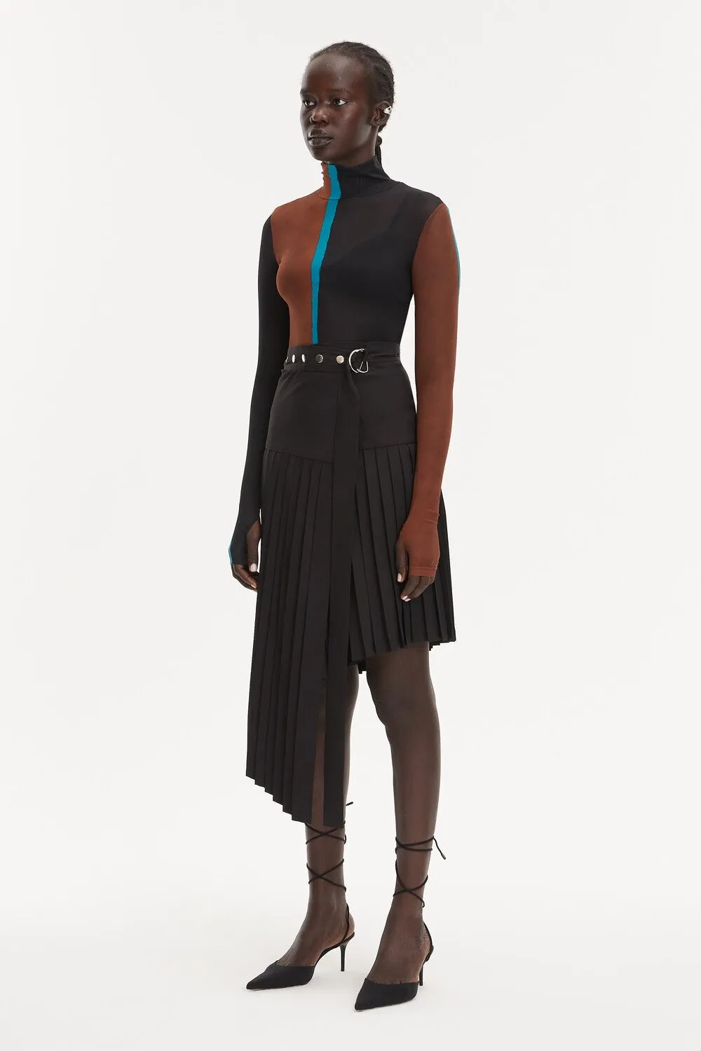 Black Midi High-Waist Asymmetrical Pleated Skirt