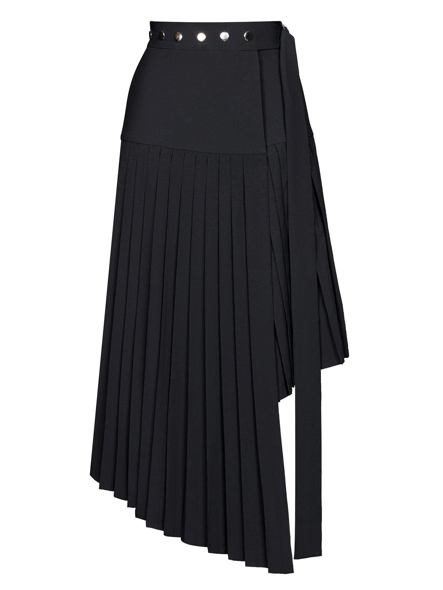 Black Midi High-Waist Asymmetrical Pleated Skirt