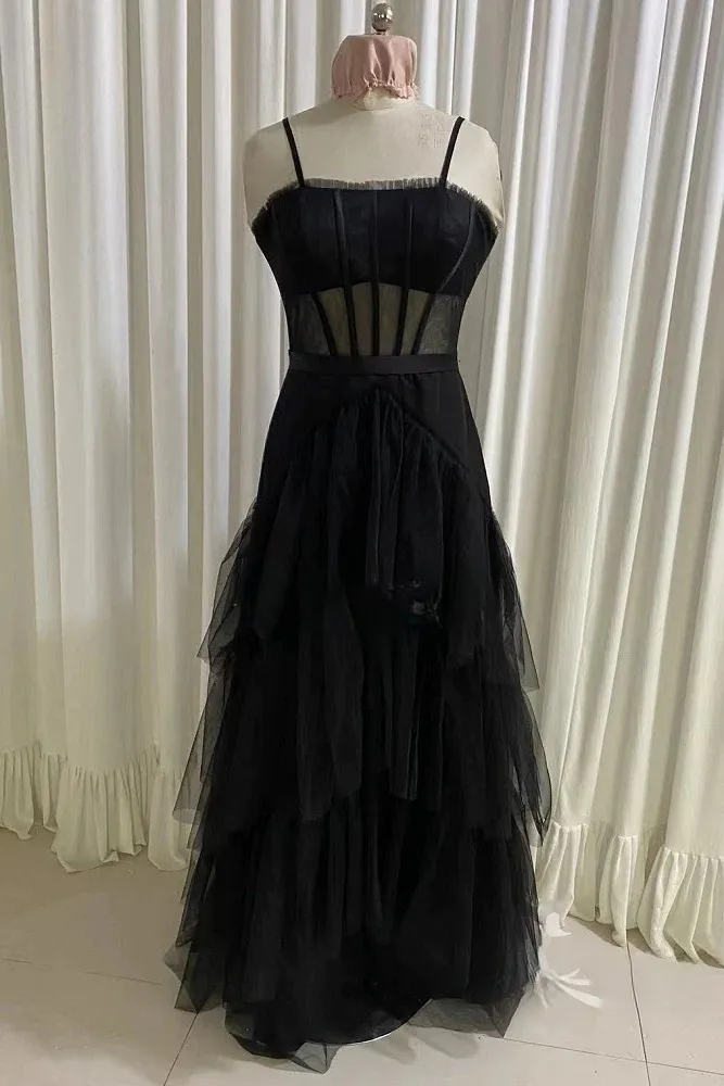 Black Prom Dress Elegant A-line Layered Tulle Prom Dresses,Sheer Corset Long Evening Dress