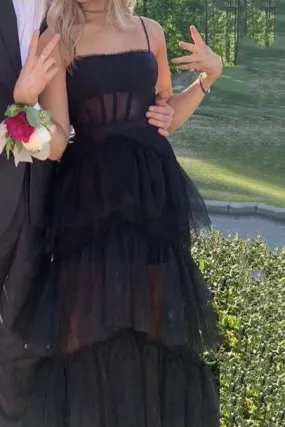 Black Prom Dress Elegant A-line Layered Tulle Prom Dresses,Sheer Corset Long Evening Dress