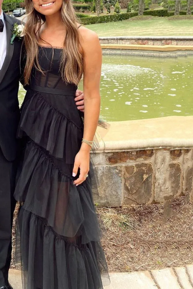 Black Prom Dress Elegant A-line Layered Tulle Prom Dresses,Sheer Corset Long Evening Dress