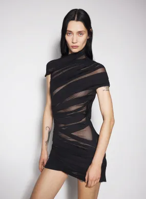 black ruched sheer mini dress