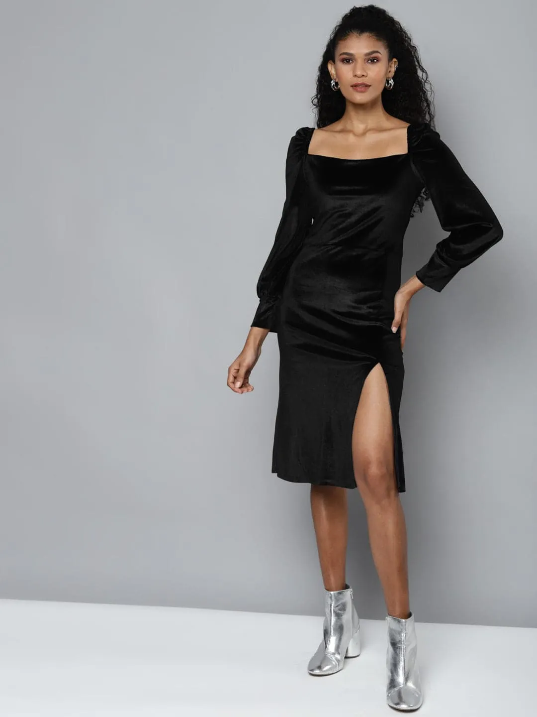 Black Velvet Front Slit Bodycon Dress