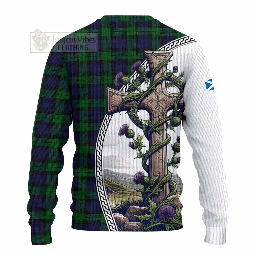 Black Watch Tartan Knitted Sweater with Family Crest and St. Andrew's Cross Accented by Thistle Vines