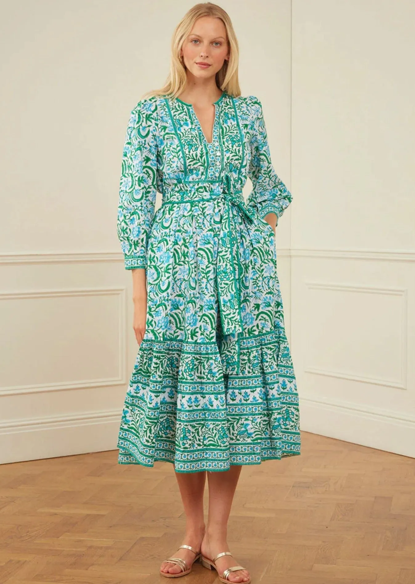 Block Print Prairie Dress Aqua Mix