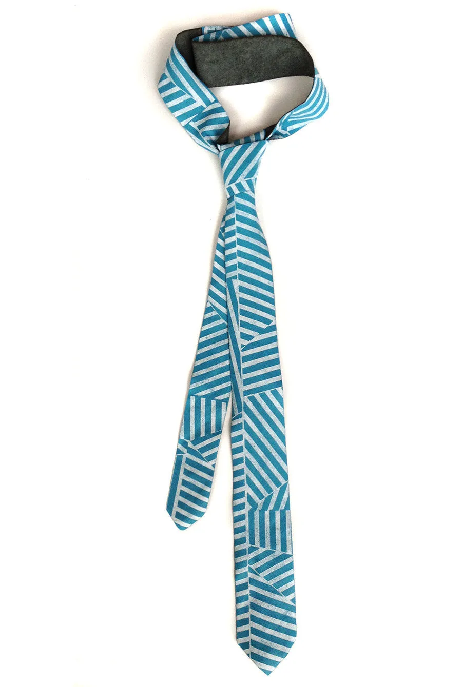 Blue and White Op Art Striped Leather Necktie