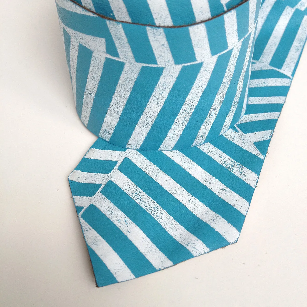 Blue and White Op Art Striped Leather Necktie