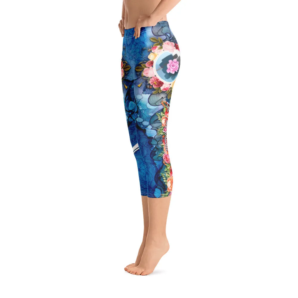 Blue Floral Capri Leggings Floral Print Capri Pants Women Spandex Leggings Blue Capri Leggings, PF - LLP01