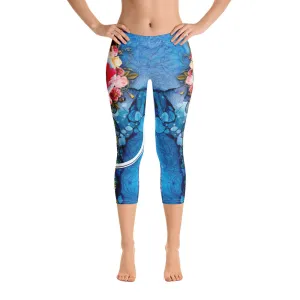 Blue Floral Capri Leggings Floral Print Capri Pants Women Spandex Leggings Blue Capri Leggings, PF - LLP01