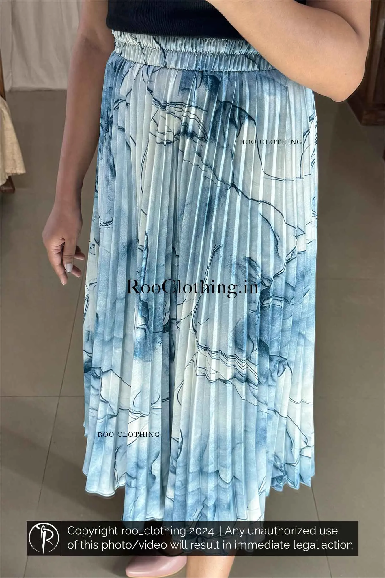 Blue Marble Print Accordion Pleated Skirt Only