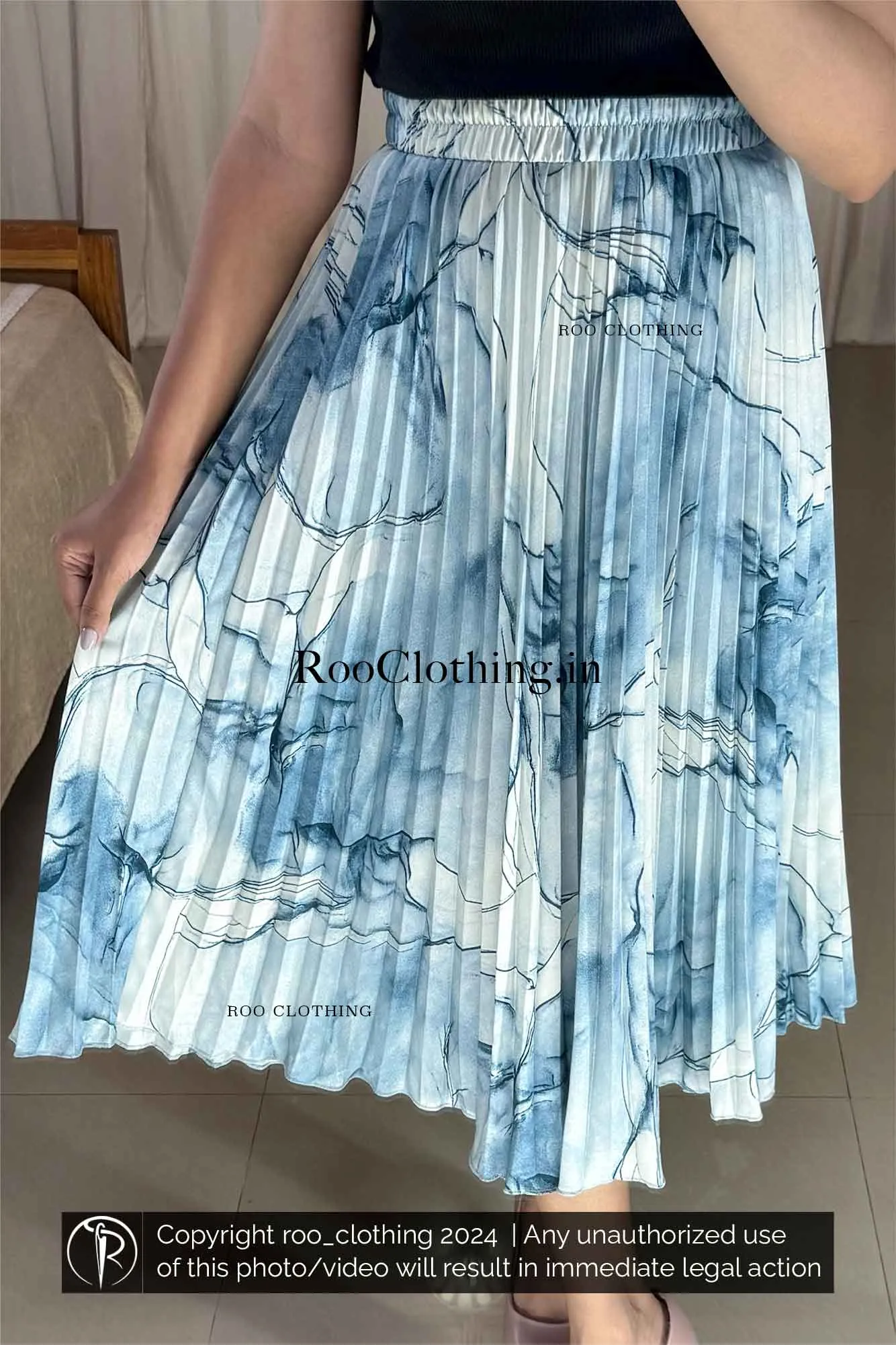 Blue Marble Print Accordion Pleated Skirt Only