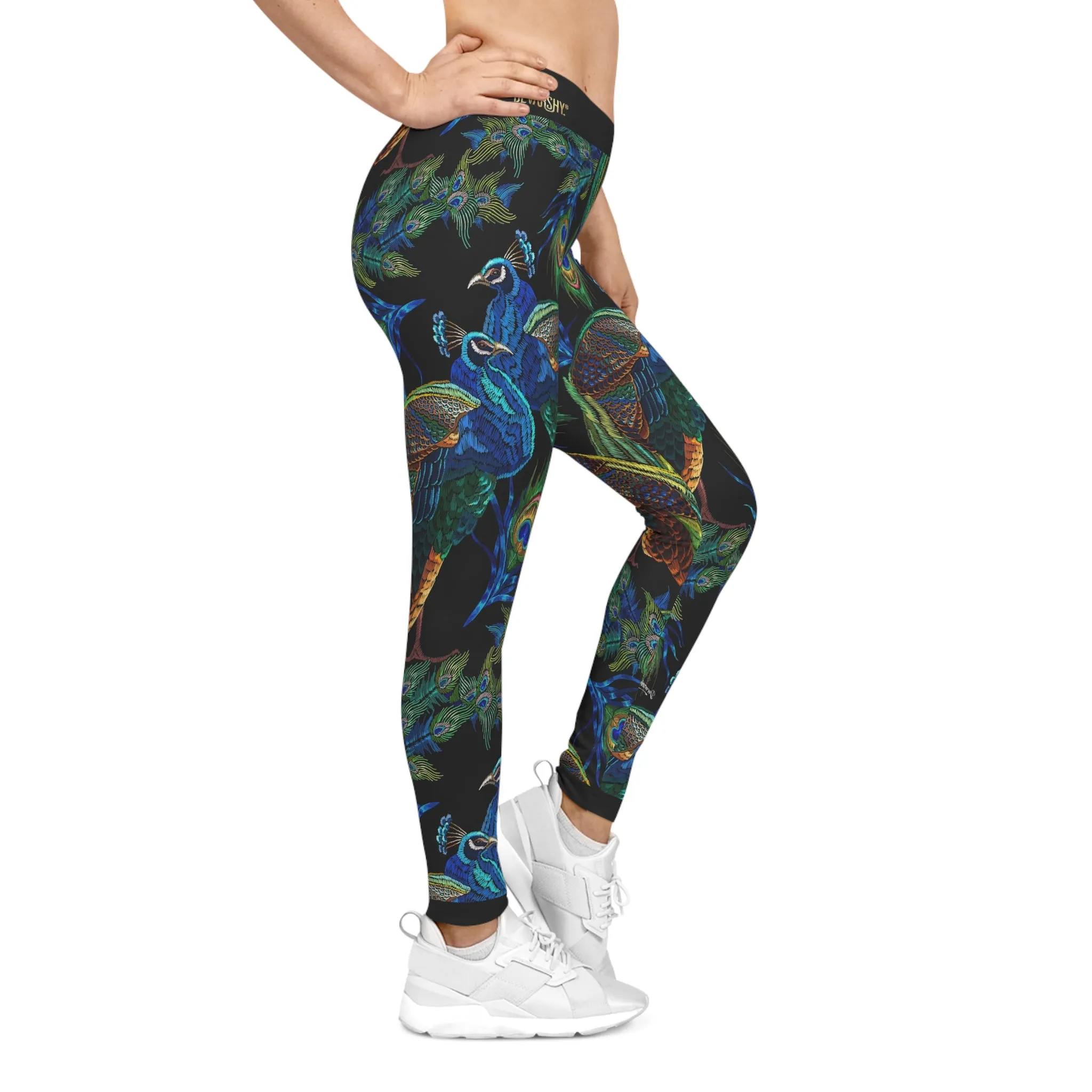 Blue Peacock Leggings Women Embroidered Print Leggings Casual Wear Spandex Leggings Best Gift for Peacock Lovers | D20029