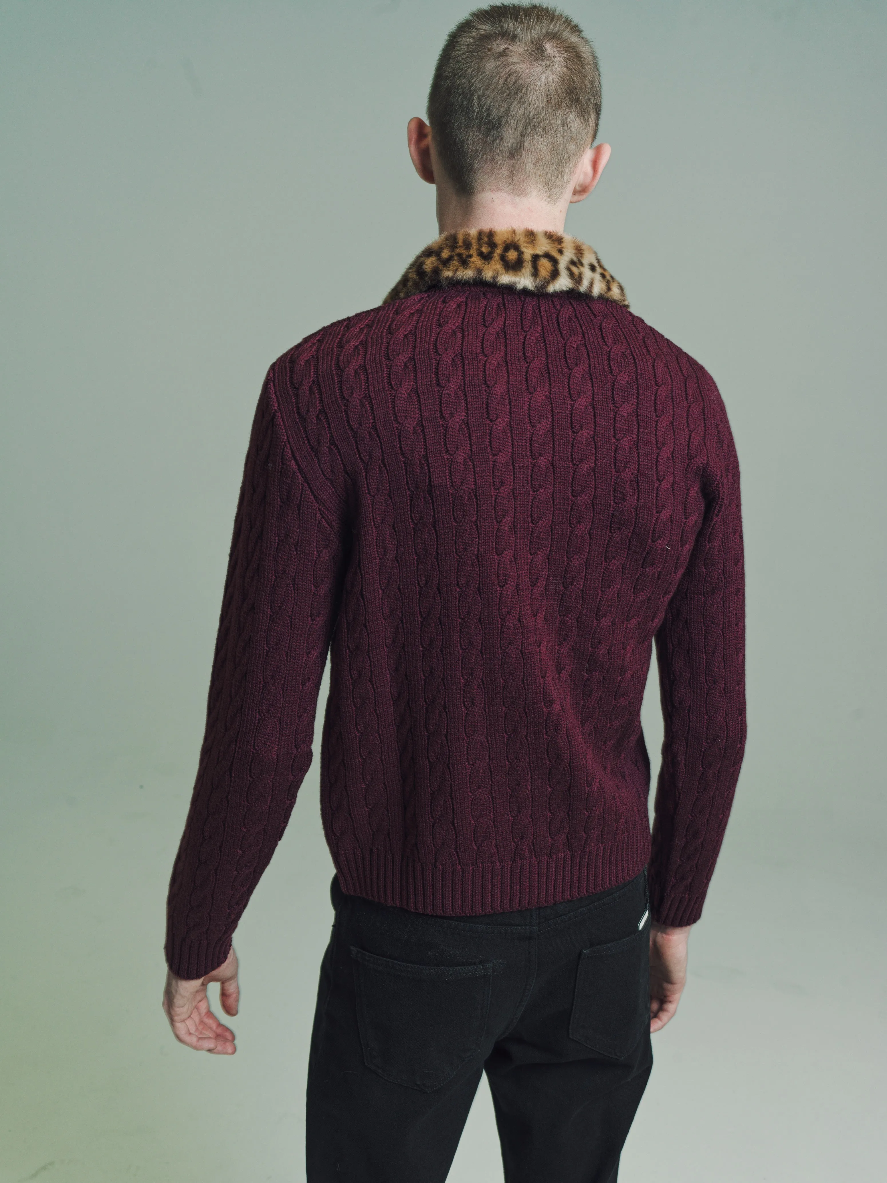 Bordeaux W/ Cheetah Collar Cable Knit Faux-Fur Collar Cardigan