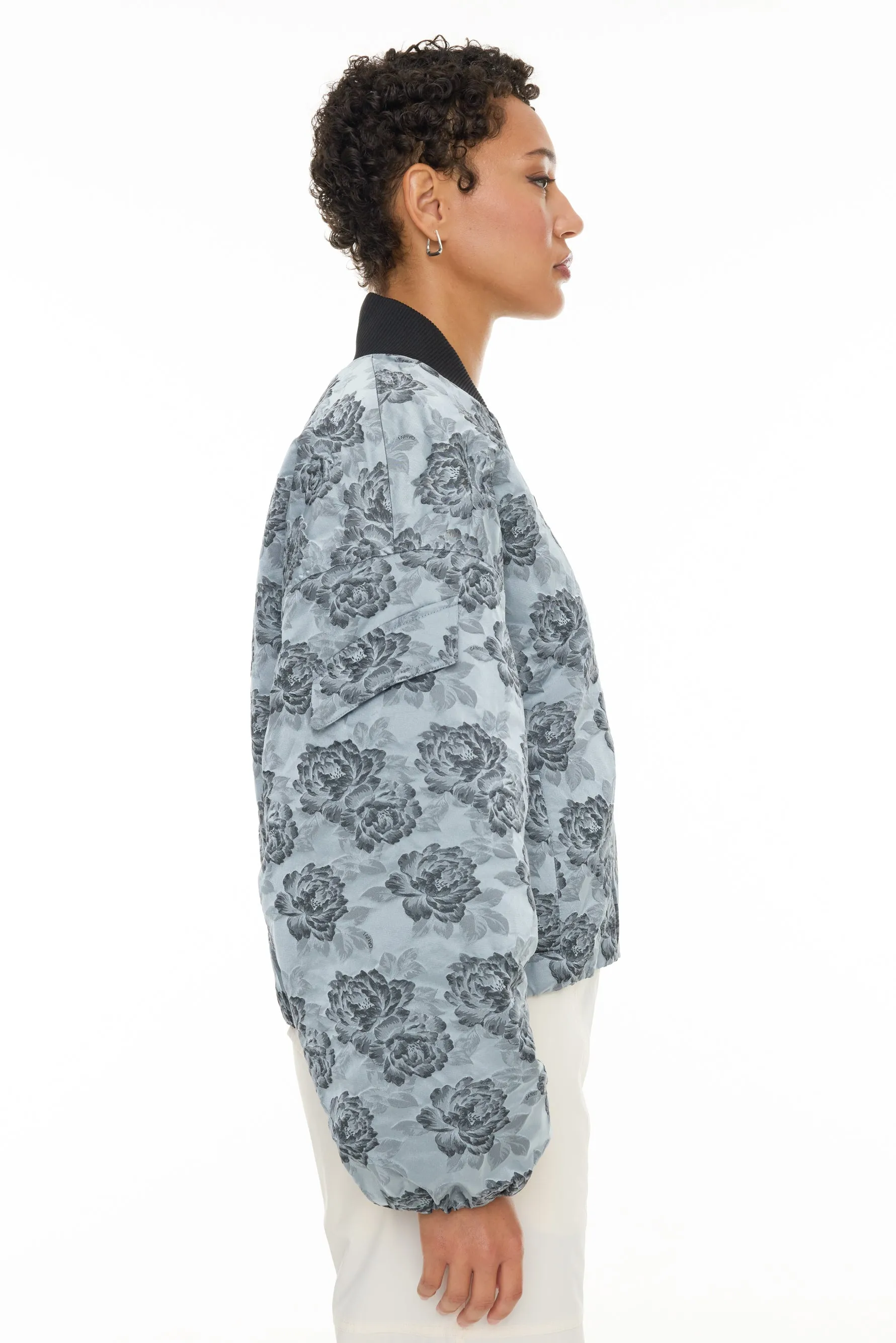 Botanical Jacquard Short Bomber Jacket - Illusion Blue