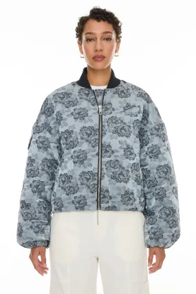 Botanical Jacquard Short Bomber Jacket - Illusion Blue