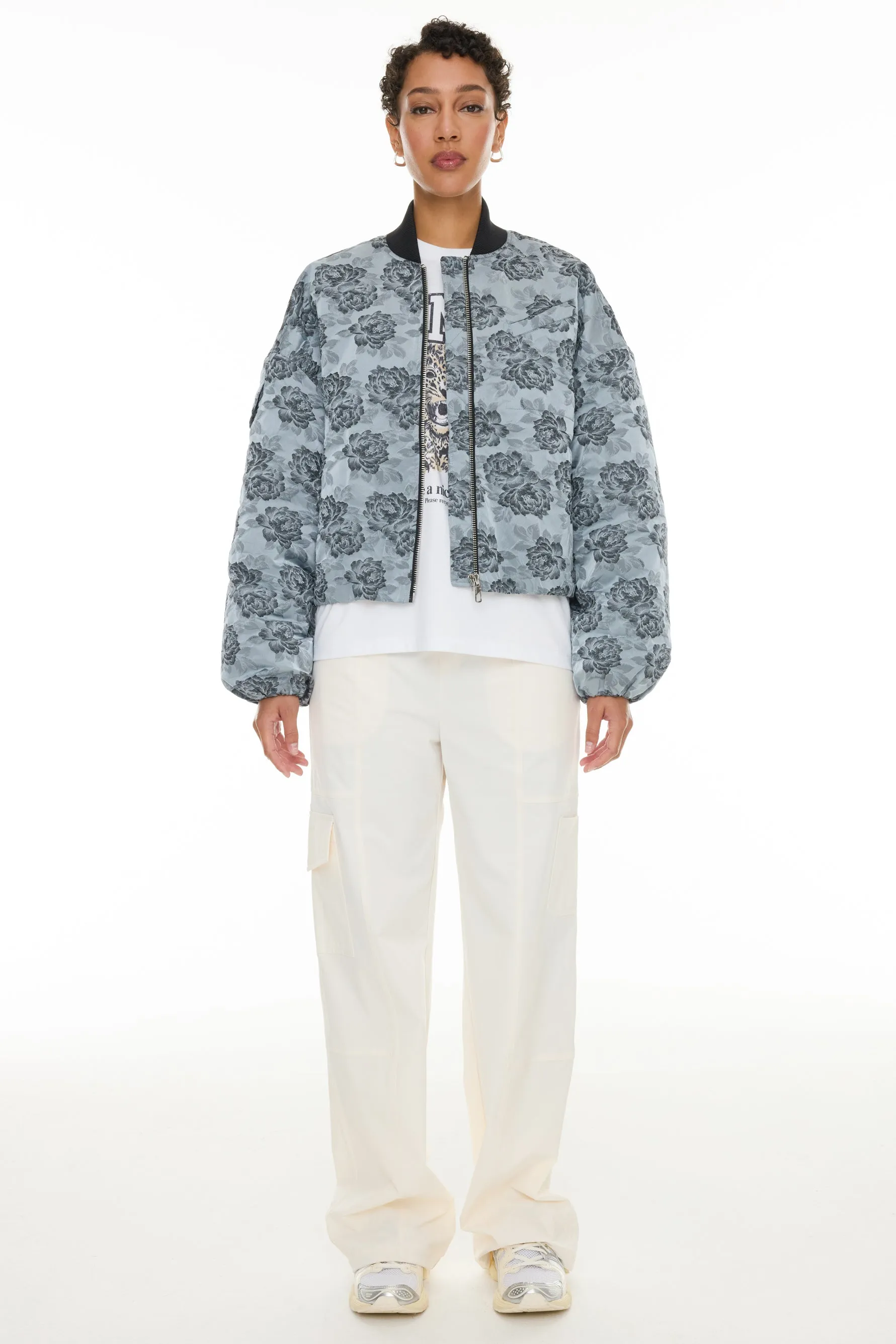 Botanical Jacquard Short Bomber Jacket - Illusion Blue