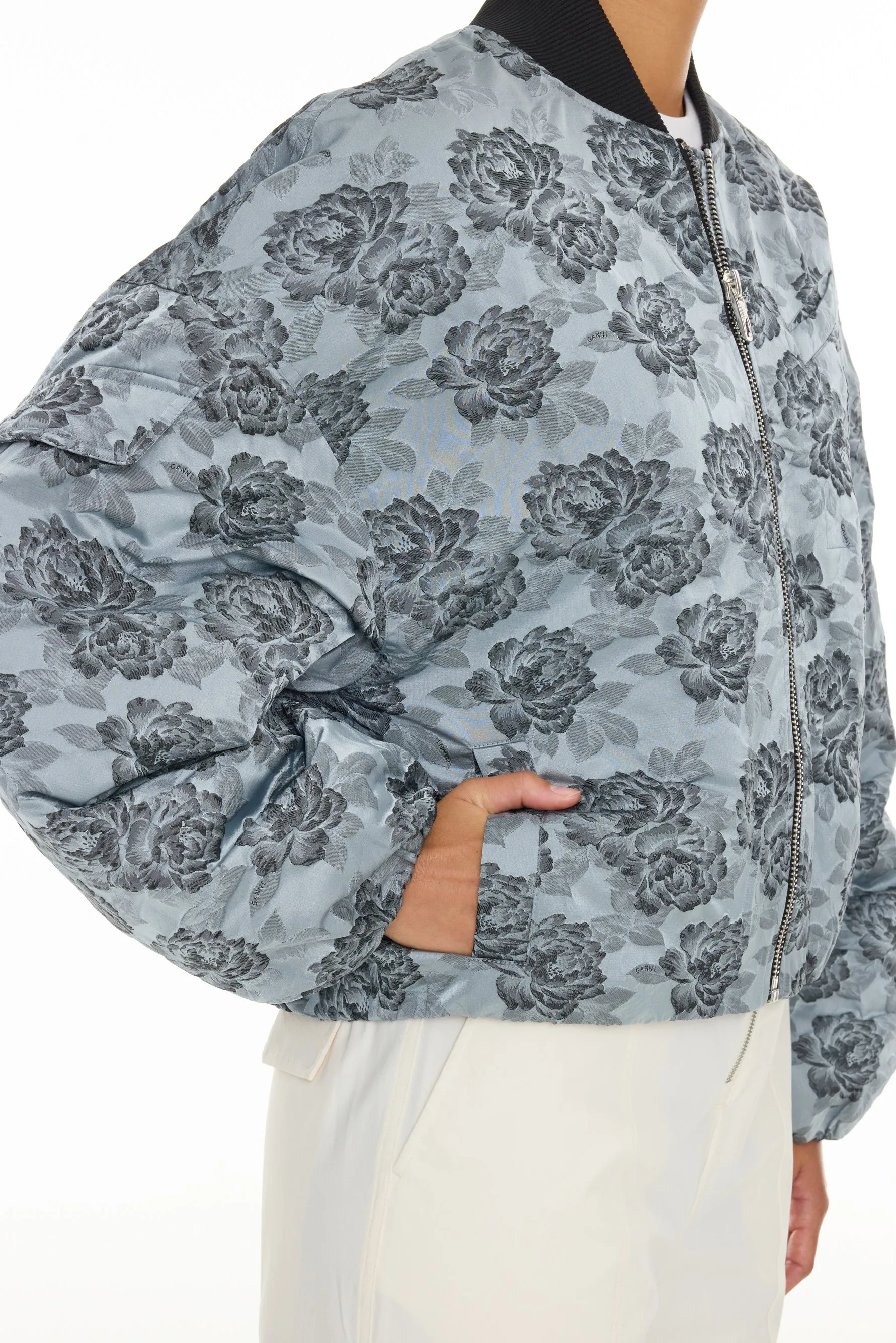 Botanical Jacquard Short Bomber Jacket - Illusion Blue