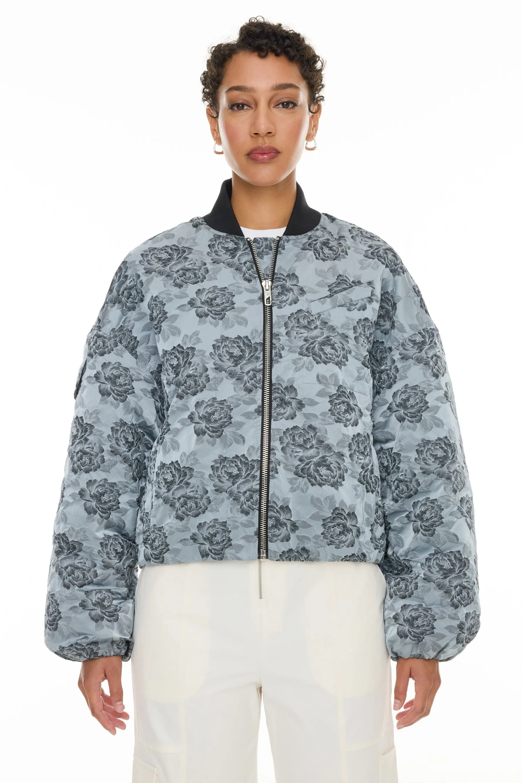 Botanical Jacquard Short Bomber Jacket - Illusion Blue