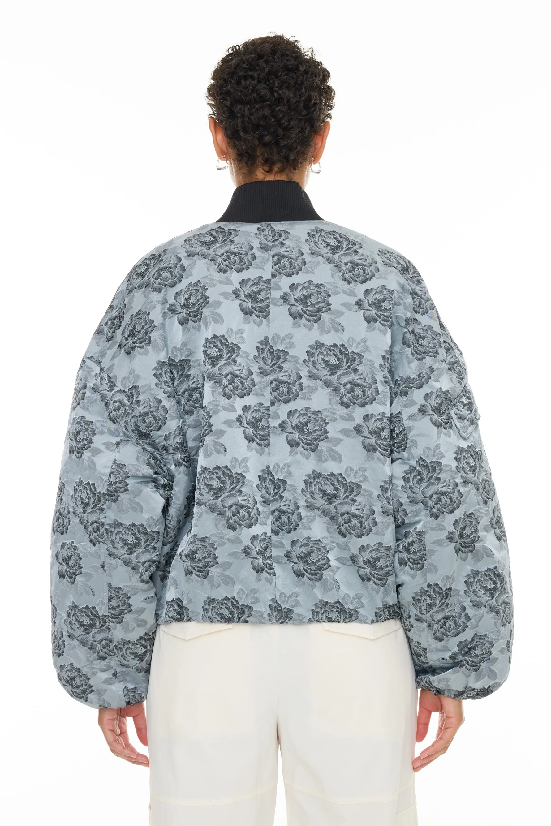 Botanical Jacquard Short Bomber Jacket - Illusion Blue