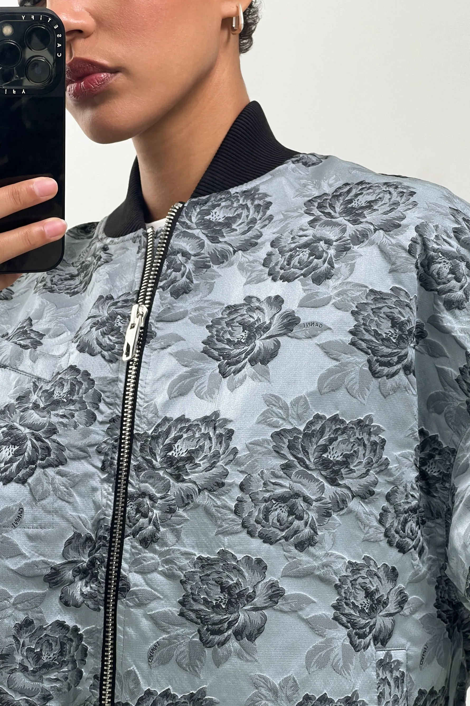 Botanical Jacquard Short Bomber Jacket - Illusion Blue