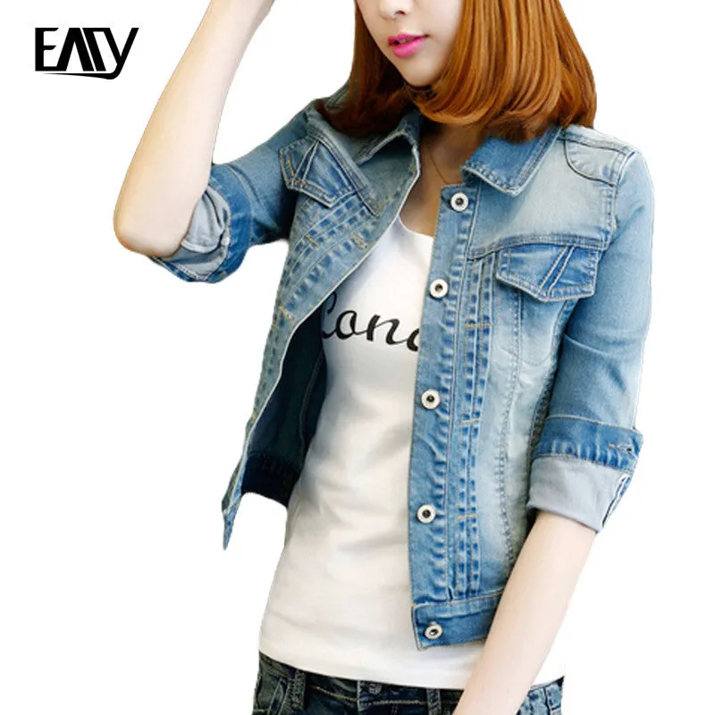 Brand Plus Size S-3XL Autumn Denim Jacket For Women 2016 Three Quarter Sleeve Short Jeans Jacket Woman Slim Oversized Denim Coat