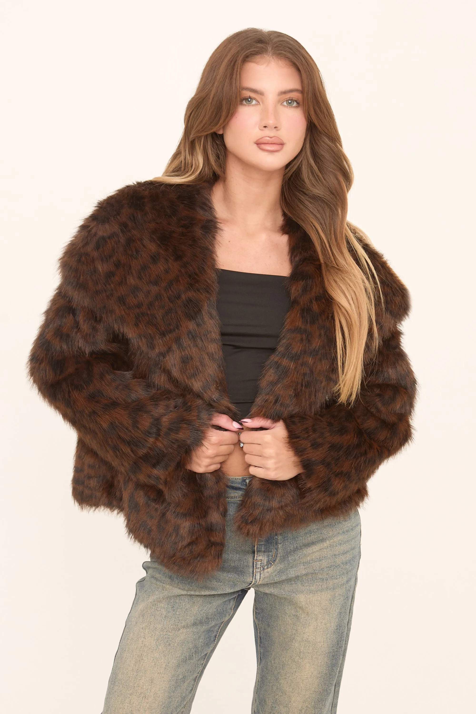 Brown Leopard Print Faux Fur Cropped Coat - Dania