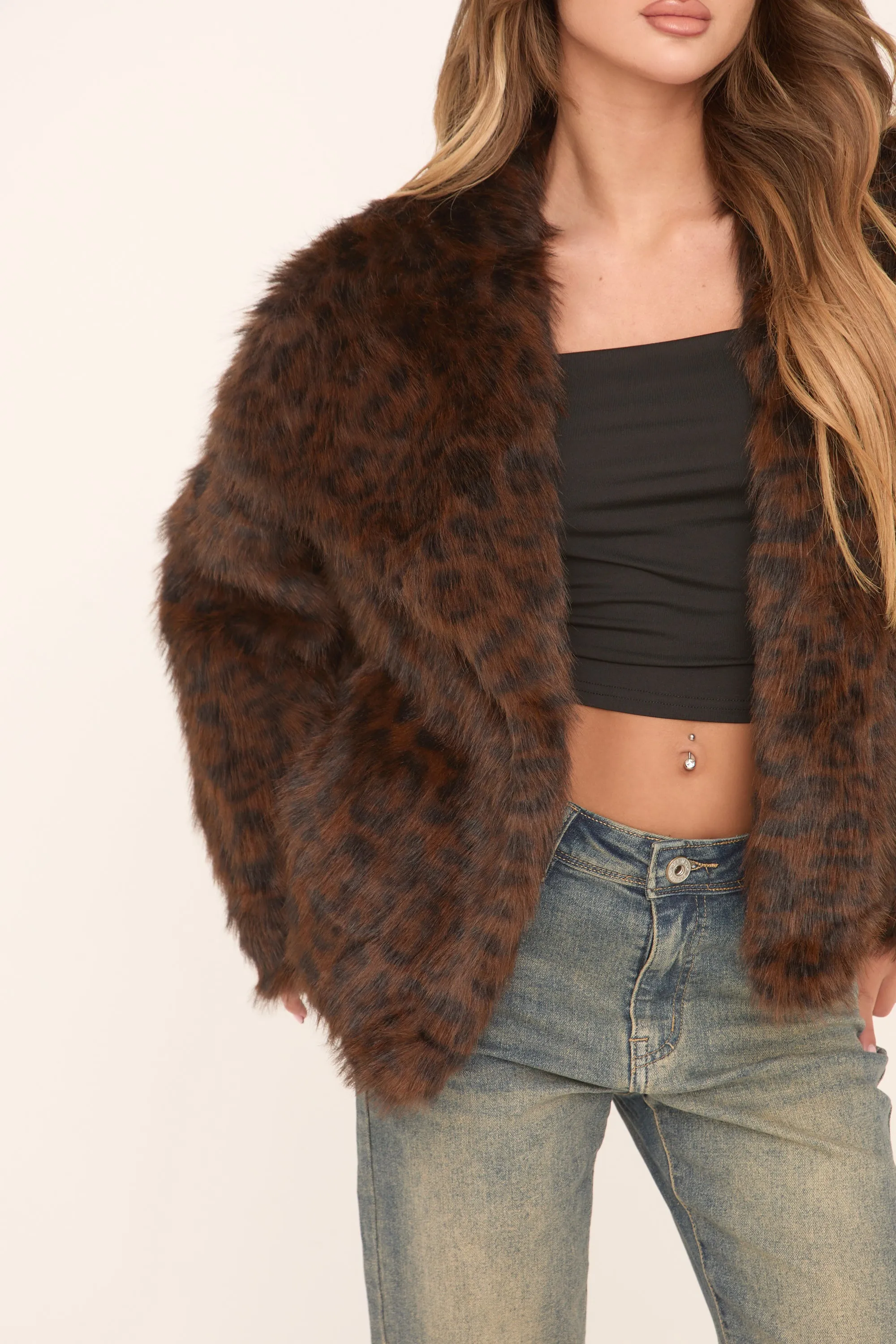 Brown Leopard Print Faux Fur Cropped Coat - Dania