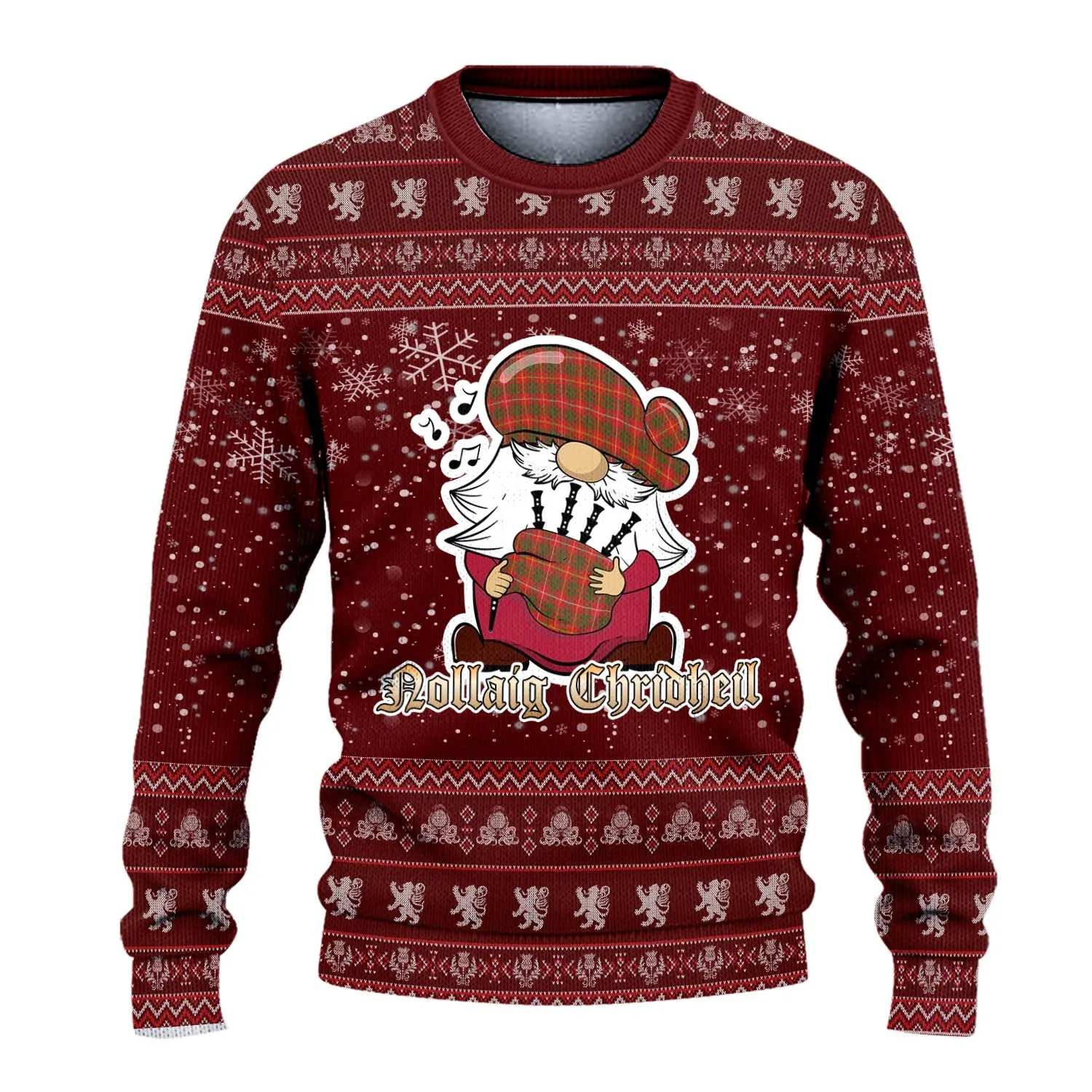 Bruce Modern Clan Christmas Family Ugly Sweater with Funny Gnome Playing Bagpipes