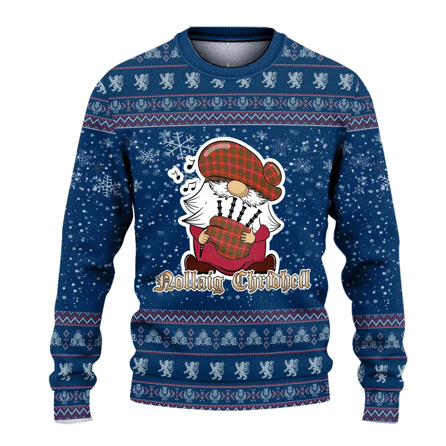 Bruce Modern Clan Christmas Family Ugly Sweater with Funny Gnome Playing Bagpipes