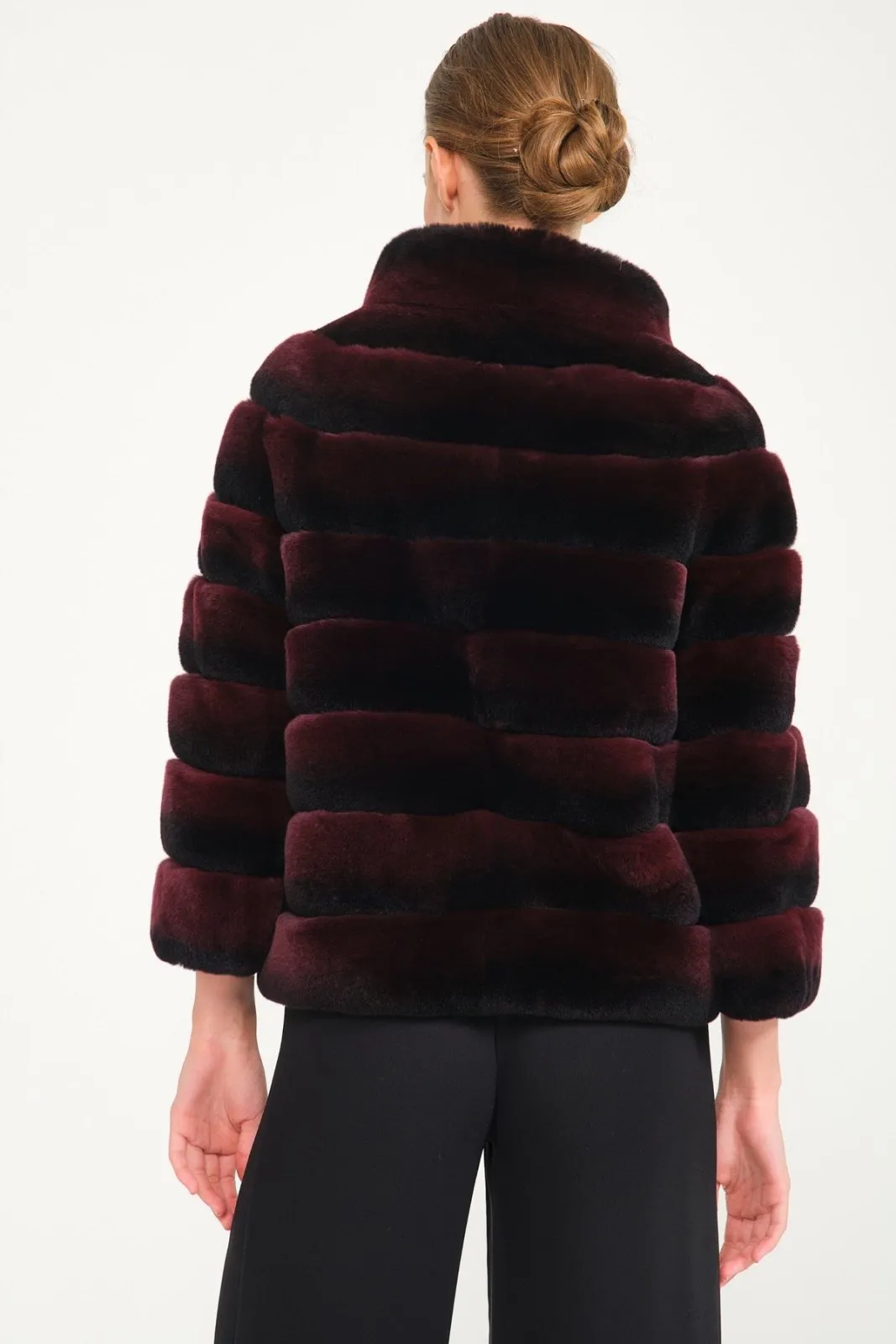 Burgundy Chinchilla Pattern Rex Fur Coat