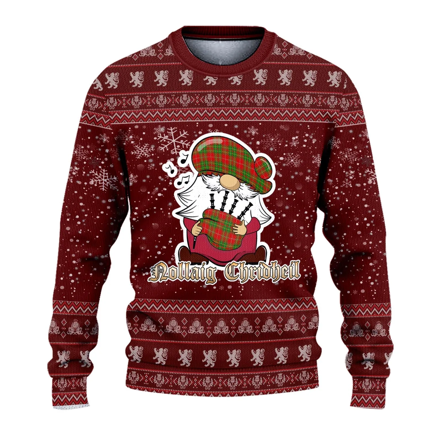 Burnett Clan Christmas Family Ugly Sweater with Funny Gnome Playing Bagpipes